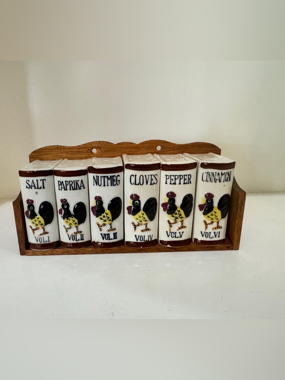 Vintage Ceramic Spice Jar Set with Wooden Rack - White & Yellow
